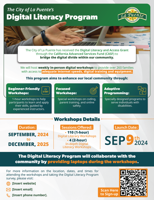Flyer de Digital Literacy Program con horarios de talleres