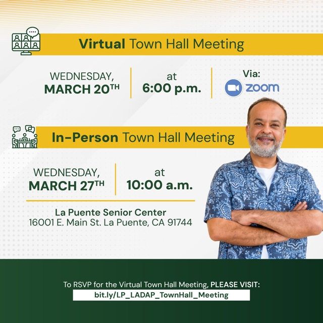 Flyer de Virtual Town Hall Meeting, In-Person Town Hall Meeting