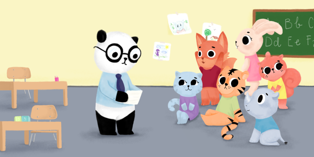 Ilustración de animales en un salón de clases con un profesor panda