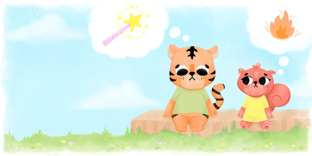 Ilustración de tigre y ardilla pensando en magia y fuego