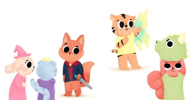 Ilustración de personajes jugando a disfrazarse, con alas y dragón