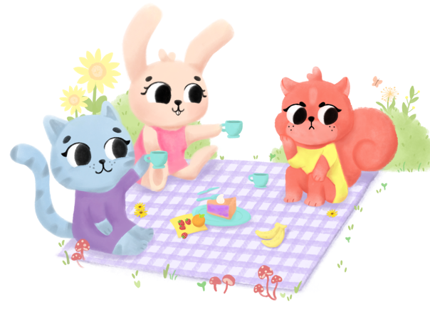 Ilustración de personajes de animales en un picnic