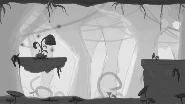 Concepto inicial en blanco y negro de planta y personaje en el nivel