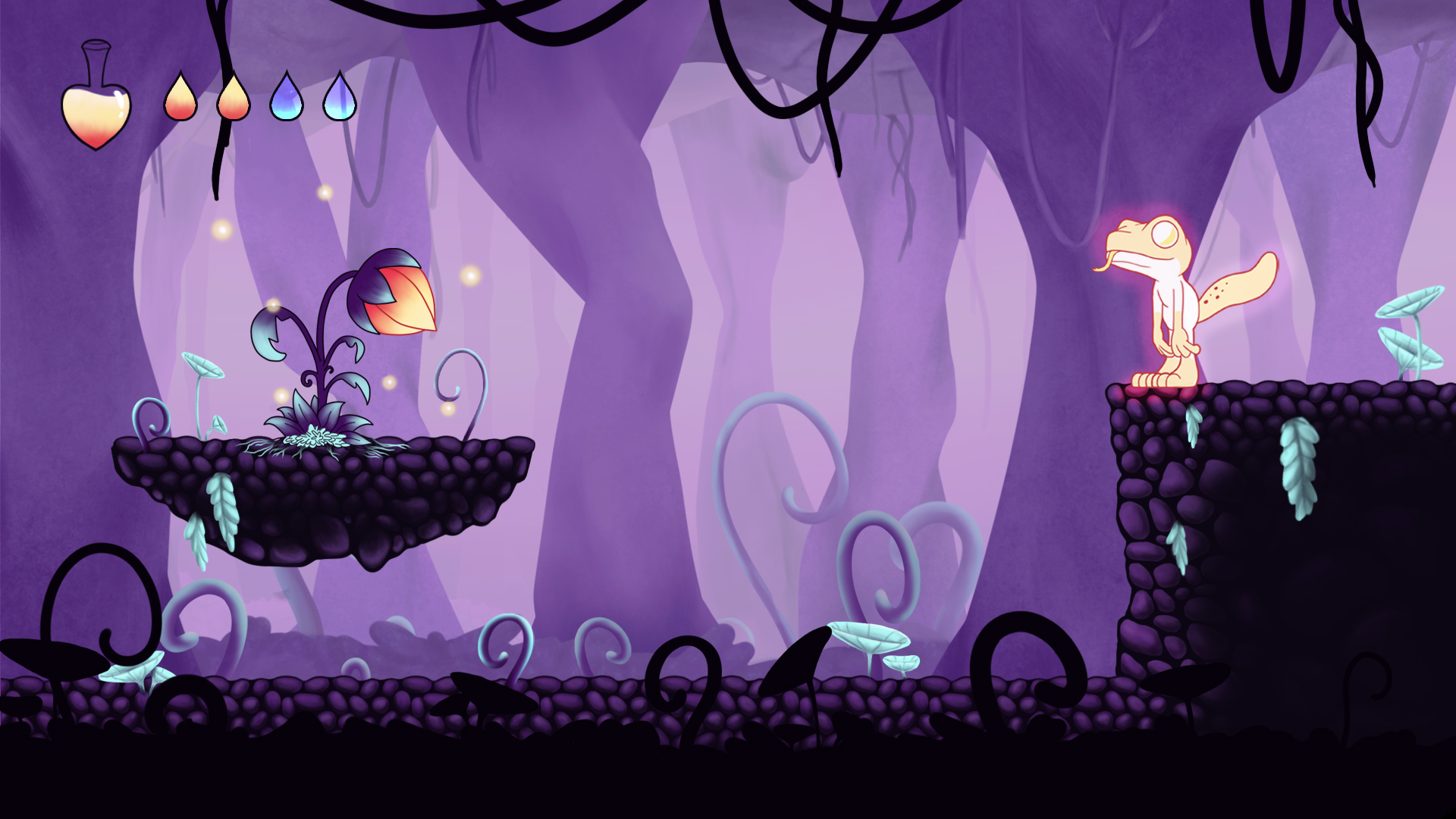 Ilustración final de la escena del juego con colores púrpura y el personaje